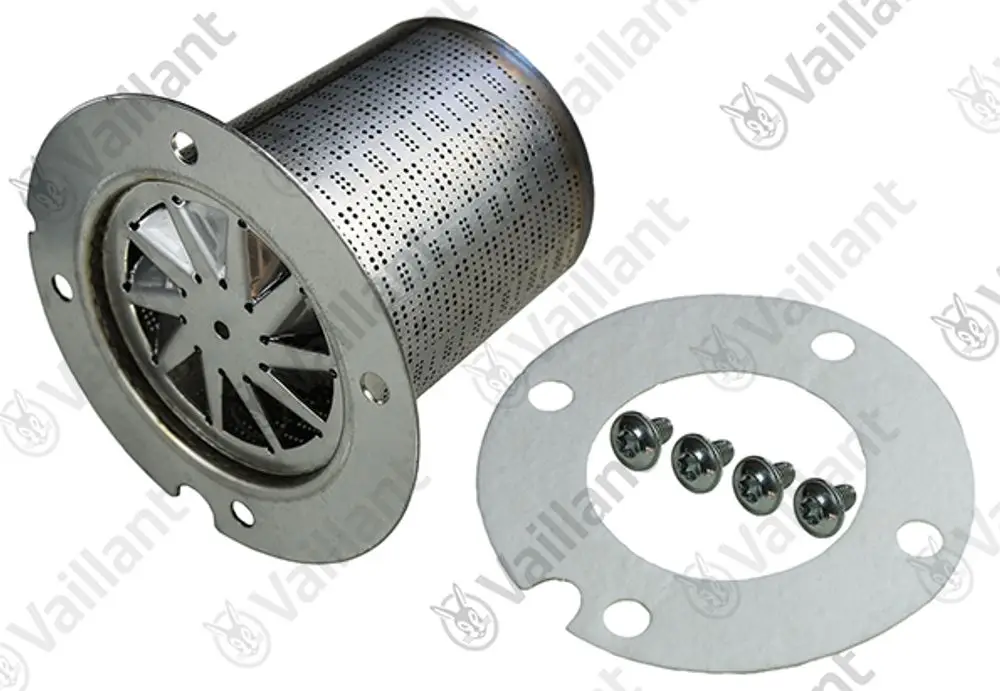 Vaillant-Brenner mit Metallgehäuse und perforierter Oberfläche, zusammen mit einer Montageplatte und schrauben.